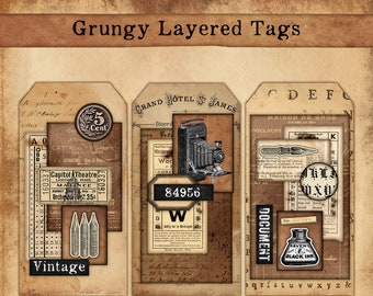 Grungy Layered Tags, Vintage Tags, Tag set, Set of 6 Vintage Grunge Tags 2.5x5 inch, Embellishment Tags, Layered Tags,Vintage Grunge Tag Kit