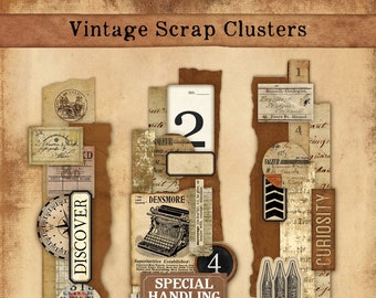 Vintage scrapbookclusters, efemera-stroken, etiketten (digitale download)