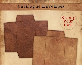 May include: Two brown paper envelopes with fold lines and a "Stamp your own" circle with red text. The envelopes are on a beige background with the text "Catalogue Envelopes" at the top and three black circles with the letters "VOV" at the bottom.
