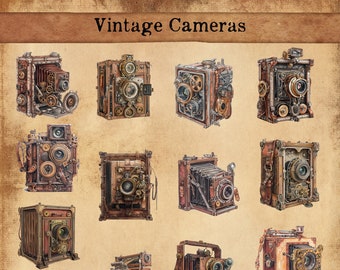 May include: A collection of 14 vintage cameras with intricate details and steampunk-inspired designs. The cameras are made of metal and have a variety of shapes and sizes. The image is set against a brown background with the text "Vintage Cameras" at the top.