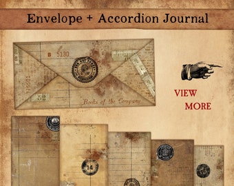 May include: An envelope with a vintage design and a stamp that says "Der Ust Turel" and "1899". The envelope is open and has a handwritten note that says "Books of the Company". There are five accordion journal pages with vintage designs and stamps. The text "VIEW MORE" is written in red letters. The text "VOV" is written in black letters on three round buttons.