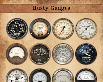 Rusty Gauges, Fussy Cut gauges, steampunk, Vintage grunge, Retro Gauges Junk Journaling, Vintage Grunge Digital Downloads