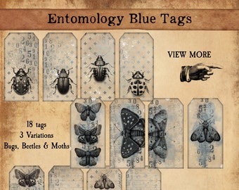 Entomology Blue Tags, Junk Journaling Tags, Ephemera Tags for Junk Journaling