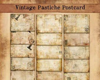 Vintage Pastiche Postkarten-Papierpackung, bedruckbare gestempelte Papiere, Junk-Journaling, Vintage-Seiten, Vintage-Grunge-Digital-Downloads