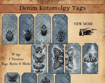 Denim Entomology Tags, Junk Journaling Tags, Ephemera Tags for Junk Journaling