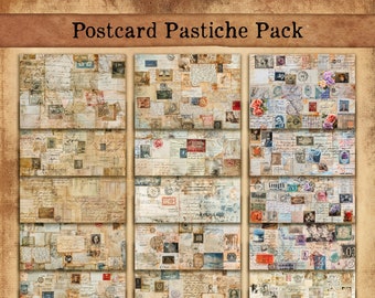 Postkarten-Pastiche-Papierpaket, druckbare gestempelte Papiere, Junk Journaling, Vintage-Seiten, Vintage-Grunge-Digital-Downloads