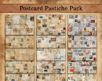 Postcard Pastiche paper Pack, Printable Stamped Papers, Junk Journaling, Vintage Pages, Vintage Grunge Digital Downloads