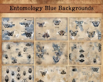 Entomology Blue Background Pages, Printable Papers, Junk Journaling