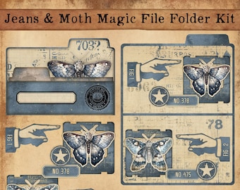 Jeans and Moth Magic file folder Kit, Junk Journaling File Folders, Ephemera Storage for Junk Journaling