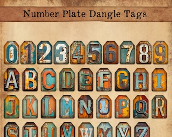 Rusted Number Plate Dangle Tags compatible with cutting machines for Junk Journals, Scrapbooking & Paper Crafting.