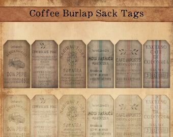 Coffee Burlap Sack Tags, Vintage Tags, Tag set, Set of 12 Vintage Grunge Tags