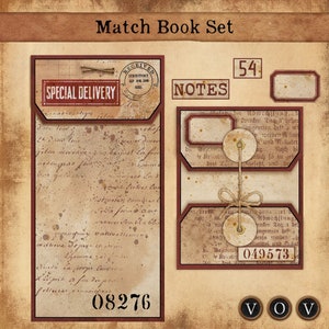 Op de afbeelding: Een vintage-stijl matchbook set in bruin en rood. De set bevat twee matchbooks, een met het label "SPECIAL DELIVERY" en de andere met het label "NOTES". Beide matchbooks hebben een verweerde, verouderde uitstraling met handschrift en decoratieve elementen.