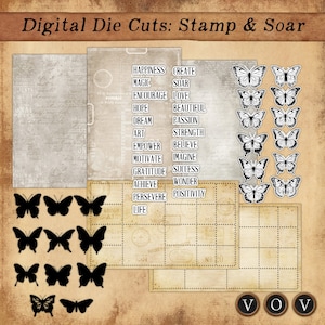 Cortes digitais: Stamp & Soar, arquivos de corte Cricut, enfeites de diário, selos perfurados, borboletas, sentimentos, fundos vintage