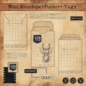 Mini Envelop + Pocket + Tag Kit met verfraaiingen voor junk journals, Vintage Ephemera, Vintage Pocket, Vintage Envelop, Vintage Tags