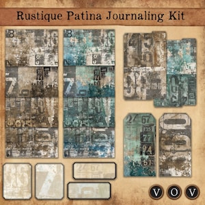 May include: Rustique Patina Journaling Kit with distressed, textured paper featuring numbers and a blue and green color scheme. The kit includes various sizes of paper, tags, and labels.