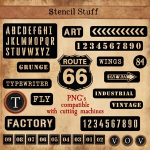 Puede incluir: Una colección de diseños de plantillas en blanco y negro sobre un fondo marrón. Los diseños incluyen letras, números, palabras y símbolos. Las palabras incluyen "Stencil Stuff", "Art", "Grunge", "Typewriter", "Fly", "Route 66", "Wings", "One Way", "Industrial", "Vintage" y "Factory".