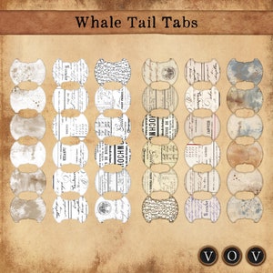 May include: A set of 24 vintage-style whale tail tabs with a distressed, aged look. The tabs feature various patterns and text, including French words like "Janvier" and "Caisse".