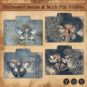 Distressed Denim & Moth File Folders, Junk Journaling File Folders, Ephemera Storage for Junk Journaling