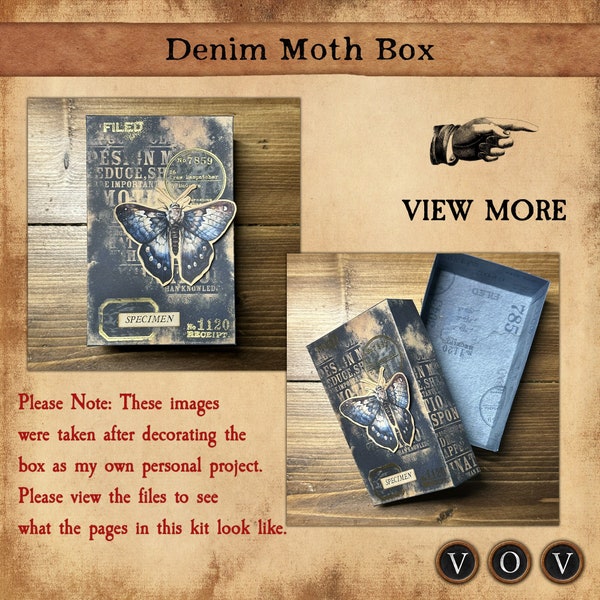 Denim Moth Box, Ephemera Storage Box, Journal Box, Printable Storage Box