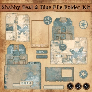 Kit de pasta de arquivo Shabby Teal & Blue, pastas de arquivo para diário de lixo, armazenamento de itens efêmeros para diário de lixo