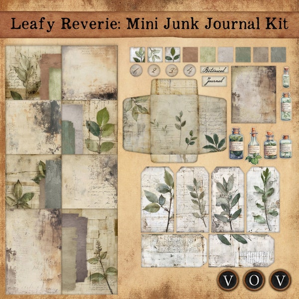 Leafy Reverie: Mini Junk Journal Kit. Shabby Journal, Rustic Journal, Junk journal, Mini Journal.