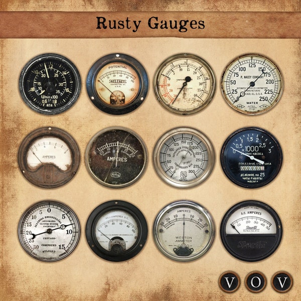 Rusty Gauges, Fussy Cut gauges, steampunk, Vintage grunge, Retro Gauges Junk Journaling, Vintage Grunge Digital Downloads