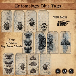 Entomology Blue Tags, Junk Journaling Tags, Ephemera Tags for Junk Journaling