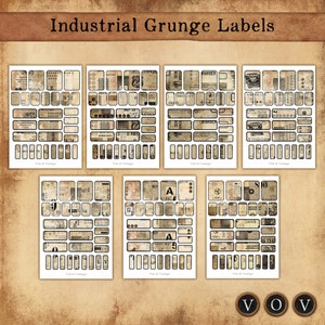 Étiquettes industrielles grunge, étiquettes imprimables, journalisation indésirable, étiquettes grunge vintage, téléchargement numérique grunge vintage, journaux indésirables
