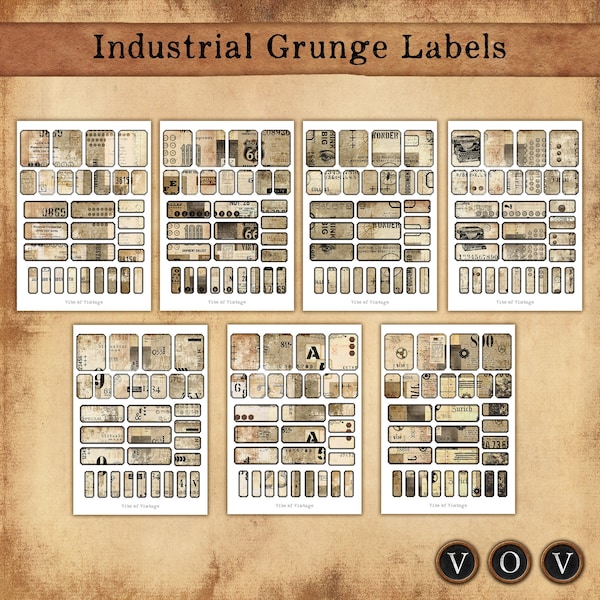 Etiquetas imprimibles de estilo industrial grunge, para diario creativo (descarga digital)