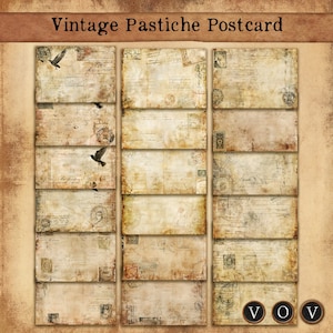 Vintage Pastiche Postkarten-Papierpackung, bedruckbare gestempelte Papiere, Junk-Journaling, Vintage-Seiten, Vintage-Grunge-Digital-Downloads
