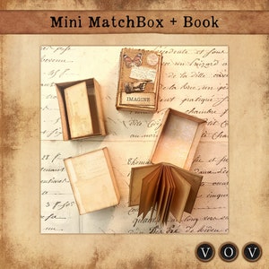 Mini MatchBox + Boek, Mini-opslag, Afdrukbare dozen, Afdrukbare luciferdoosjes, Vintage dozen, Vintage doos