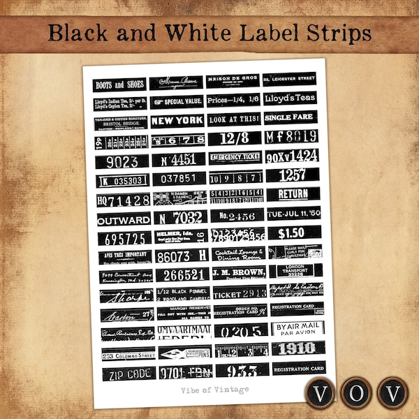 Black and White Label Strips, Vintage Labels for Junk Journaling, Number Labels, Word Labels, Vintage Junk Journaling