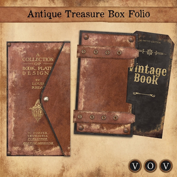 Folio de caja del tesoro antiguo, folio de diario basura, folio grunge vintage, carpeta de almacenamiento, almacenamiento efímero