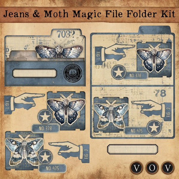 Jeans and Moth Magic file folder Kit, Junk Journaling File Folders, Ephemera Storage for Junk Journaling