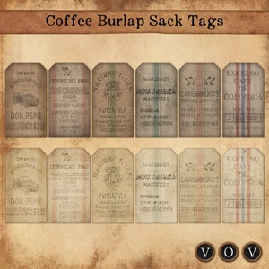 Etiquetas de saco de arpillera de café, etiquetas vintage, conjunto de etiquetas, conjunto de 12 etiquetas grunge vintage
