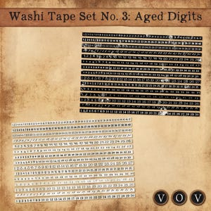 Zestaw taśm washi nr 3: stare cyfry, taśma washi vintage, taśma washi do druku, ozdoby do dziennika śmieci