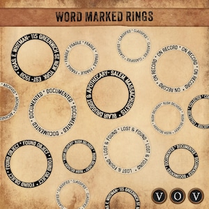 May include: A selection of circular designs featuring text such as "Found Object", "On Record", and "Fragile". The black and white designs are set against a textured, tan backdrop. The words "Word Marked Rings" are displayed at the top of the image.