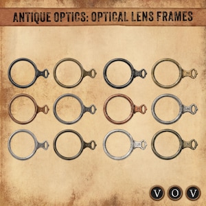 May include: A collection of twelve circular optical lens frames arranged in a grid, featuring various metallic finishes including bronze, copper, silver, and black. Each frame has a small handle with a numerical value printed on it.