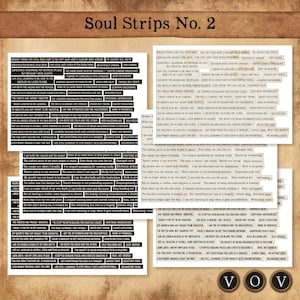 以下が含まれることがあります： 「Soul Strips No. 2」と題された、テキストが書かれた紙のストリップのコラージュ。ストリップには、「Broken things can still hold light」や「Even burnt bridges light the way」などのフレーズが含まれています。背景はセピア色です。