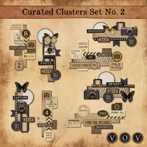 May include: A collage of vintage-style camera and film-themed elements. The design includes cameras, film strips, butterflies, and text labels with words like "Memories," "Snapshot," and "Archive." The color palette is primarily brown and beige.