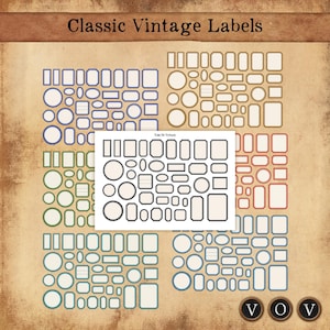 Peut inclure: Une collection d'étiquettes vintage classiques de différentes formes et tailles, notamment des rectangles, des ovales et des cercles. Les étiquettes sont dans des tons de bleu, de vert, de rouge et d'or, avec une feuille centrale d'étiquettes en noir et blanc. Le texte "Classic Vintage Labels" est en haut.