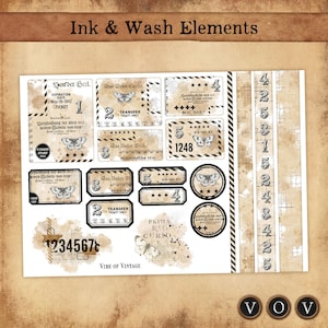 Ink and Wash Elemente Ephemera Kit zum Ausdrucken | Vintage Karten, Etiketten, Tear Aways & Washi Strips | Junk Journal JPEG