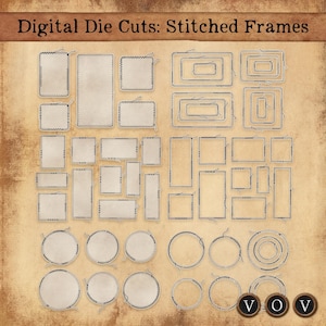 Pode incluir: Recortes digitais de molduras costuradas em várias formas, incluindo retângulos, quadrados e círculos. As molduras são bege com uma borda costurada e um detalhe de fio. O texto "Digital Die Cuts: Stitched Frames" está no topo.