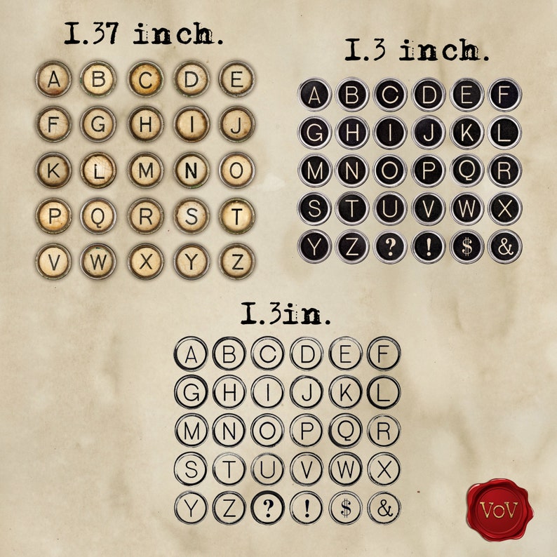 Puede incluir: Teclas de m&aacute;quina de escribir vintage en blanco y negro sobre un fondo de papel marr&oacute;n. Las teclas est&aacute;n dispuestas en orden alfab&eacute;tico e incluyen signos de puntuaci&oacute;n. El texto en la imagen dice "1.37 inch", "1.3 inch" y "1.3in".