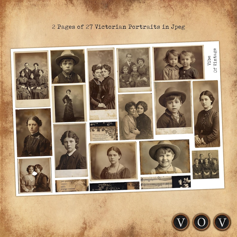 Puede incluir: Un collage de 27 retratos victorianos vintage en tonos sepia. Las im&aacute;genes presentan individuos y grupos, incluidos ni&ntilde;os y adultos, con ropa de &eacute;poca. El texto "2 Pages of 27 Victorian Portraits in Jpeg" est&aacute; en la parte superior.