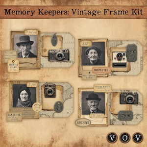 May include: A vintage frame kit featuring sepia-toned portraits, cameras, and ephemera. The kit includes portraits of older people, vintage cameras, and aged paper elements with text like "Memory Keepers" and "Archive".