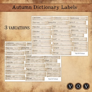 Puede incluir: Etiquetas de diccionario de otoño de estilo vintage con palabras como "otoño", "cosecha" y "calabaza". Las etiquetas están en tres variaciones, con un aspecto de papel envejecido. El texto "Vibe of Vintage" también es visible.