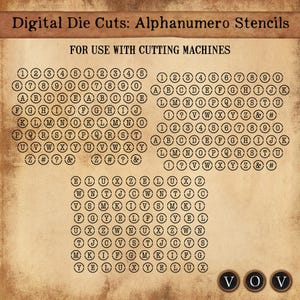 May include: Digital die cuts of alphanumeric stencils for use with cutting machines. The design includes numbers, letters, and symbols arranged in circular patterns. The background is a vintage parchment color.