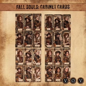 May include: A collection of rectangular cards titled FALL SOULS: CABINET CARDS, featuring vintage-style portraits of individuals adorned with autumn leaves, hats, and owls, arranged in a grid on a textured, aged parchment-colored background.