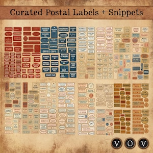 Curated Postal Labels and Snippets | 17 Page Vintage Ephemera Kit | PNG + JPEG | Printable Postal Tags, Office Labels, Junk Journal Supply